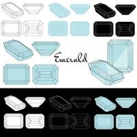 Emerald cut. Cutting gems stones. Types of diamond cut. Four sides of jewelry with facets for background, carving and coloring. Black, white and color variants. vector