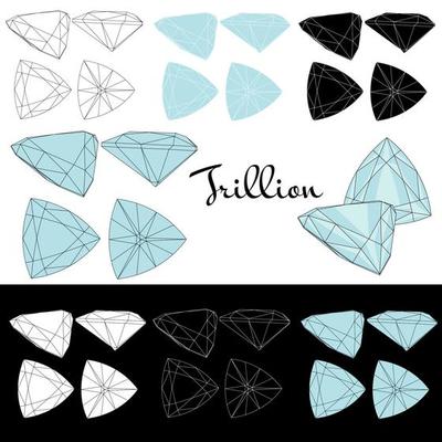 Trillion cut. Cutting gems stones. Types of diamond cut. Four sides of jewelry with facets for background, carving and coloring. Black, white and color variants.