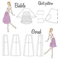 Skirt bubble and gored patterns. A visual representation of styles of the skirts on the figure. Illustration of the design and pattern of women's skirts. Hand-drawn models. vector