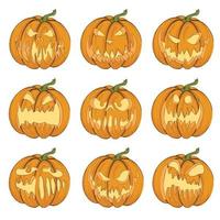 Halloween. Vector illustration of Jack-o'-lantern for cards, banners, stickers, flyers. Colored set of pumpkins on a white background.