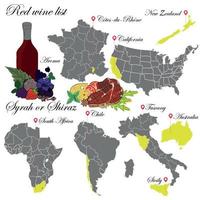 syrah o shiraz. la lista de vinos una ilustración de un vino tinto con un ejemplo de aromas, un mapa de viñedos y comida que marida con el vino. fondo para menú y cata de vinos. vector