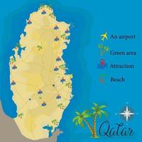 Qatar. Realistic satellite background map with roads, airport signs, beaches, green areas and attractions. Drawn with cartographic accuracy. A bird's-eye view. vector