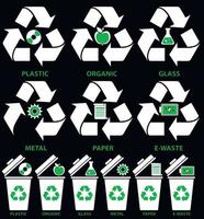 Trash can icons with different types of garbage Organic, Plastic, Metal, Paper, Glass, E-waste in flat style isolated on black background. Vector. For garbage sorting and segregation. vector