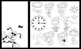 Dog on a white background. Theme for smartphone. Background for the main screen, a watch dial with paw prints and weather icons made in the mood of a dogs. Dog weather. Vector illustration.