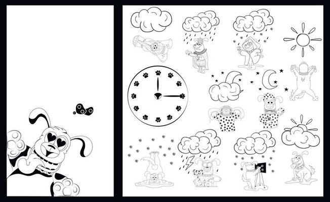 Dog on a white background. Theme for smartphone. Background for the main screen, a watch dial with paw prints and weather icons made in the mood of a dogs. Dog weather. Vector illustration.