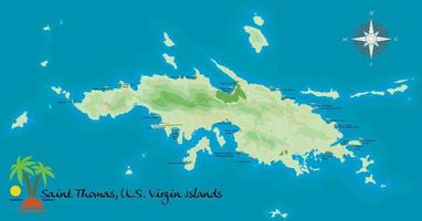 santo tomás, isla virgen de los estados unidos. mapa de fondo satelital realista con designación de playas, lugares para descansar y entretenimientos. dibujada con precisión cartográfica. una vista de pájaro.