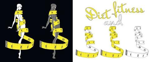 Measuring tape inch, diet theme white and yellow with high thin girl. Theme for the studio, dressmaking. Vector illustration.