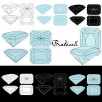 Radiant cut. Cutting gems stones. Types of diamond cut. Four sides of jewelry with facets for background, carving and coloring. Black, white and color variants. vector