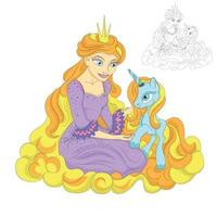 princesa y unicornio en una nube dorada. vector