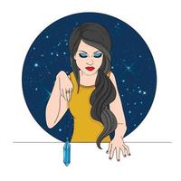 Fortune teller with a crystal on the background of the starry sky. Vector. vector