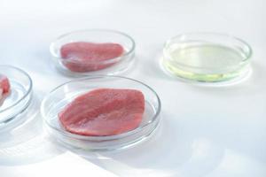 lab gown meat in a Petri dish. Meat in glass cell culture dish photo