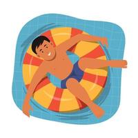 Boy Floating on Inflatable Ring in Swimming Pool. vector