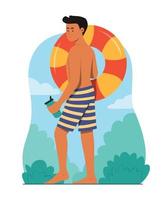 Man Holding Inflatable Ring for Enjoying Summer Activity. vector