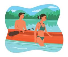 hombre y mujer disfrutando con canoa en el río. vector