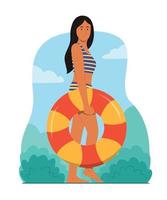 Young Woman Holding Inflatable Ring for Enjoying Summer Activity. vector