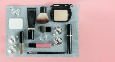 make up cosmetics knolling. flat lay photo