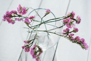 delicate pink flowers in round glass vase. spring aesthetic. selective focus. minimal style home decor photo