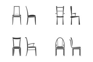 Black and white chair icon set for kitchen room. Front view and side view of different chair flat style, vector illustration