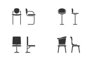conjunto de icono abstracto de silla en blanco y negro para sala de oficina. vista frontal y vista lateral de diferentes sillas de estilo plano, ilustración vectorial vector