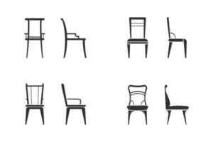 Set of black and white chairs icon. Front view and side view of different chair flat style, vector illustration