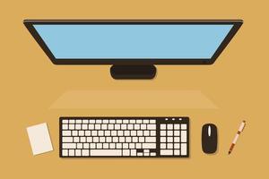 Top view of computer screen with keyboard on the desk, vector illustration