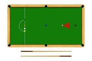 Flat cartoon snooker table, billiard ball set, brown wooden table and cue isolated on white background, vector illustration