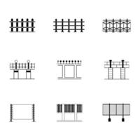 Set of black and white fence different icon with boundary flat style, vector illustration