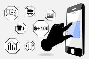 Hands holding smartphones with various images. Communication, social networking concept. Stylized hand drawn Vector illustration for Mobile Application or web sites and banner design