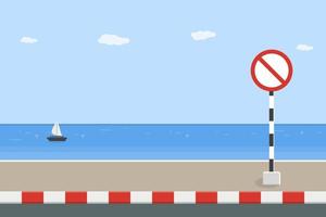 No parking traffic sign board on sidewalk with sea background, vector illustration