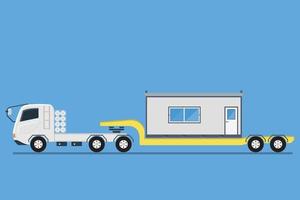 Side view of trailer transporting container office construction site, vector illustration