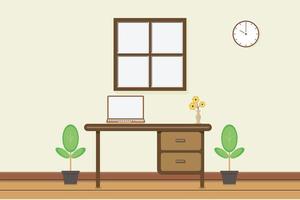 Workplace with computer near window and wall clock, vector illustration