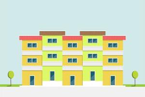 diseño plano, edificio de apartamentos verde y amarillo estilo asiático con fondo de cielo azul claro, ilustración vectorial vector