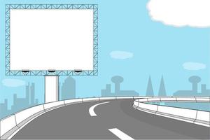 Blank billboard at the road, cityscape silhouette in the background. vector illustration
