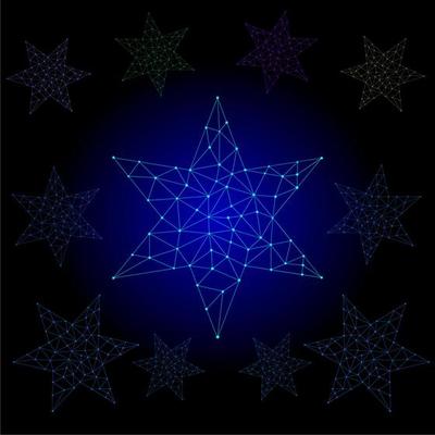 Low polygonal glowing five angles star with tail made of constellation of stars, lines, triangular shapes. Success, win symbol concept. Futuristic wireframe design vector illustration.