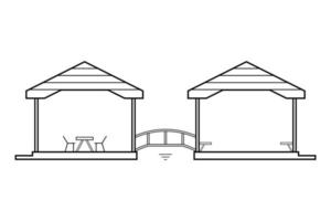 Abstract outline drawing, two connected houses with wood bridge vector illustration