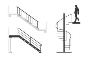 conjunto de escaleras de acero con silueta de hombre bajar escalera de caracol, ilustración vectorial vector