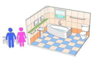 Interior of modern bathroom with bathtub isometric view, vector illustration