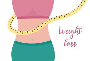 Weight loss. Waist of woman and measuring tape. Female slim body. Flat vector illustration. Figure of woman losing weight. Healthy lifestyle