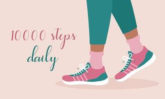 10000 pasos de actividad diaria. regla de estilo de vida saludable. caminar todos los días. persona caminando en zapatillas de deporte para la salud. ilustración vectorial plana vector