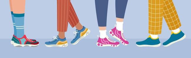 Sports footwear banner. Legs in sneakers side view. Healthy lifestyle concept. Women and men walking in sneakers. Daily activity. Flat vector illustration