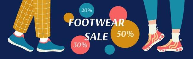 Footwear Sale banner. Legs in sneakers side view. Special offer design. Advertising banner with sports shoes. Flat vector illustration