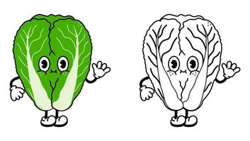 Cute funny Chinese cabbage waving hand character outline cartoon illustration for coloring book. Vector hand drawn traditional cartoon vintage, retro, cabbage character. Isolated on white background