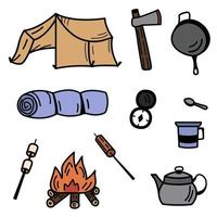 Set of vector camping, hiking isolated elements. Summer hand drawn stickers tent, campfire, kettle, compass, axe.