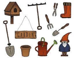 juego de jardín dibujado a mano. acogedora ilustración vectorial de pajarera, palas, rastrillos, gnomo de jardín, botas. vector