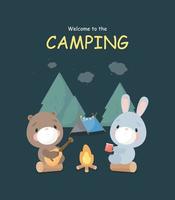 Camping poster with cute bear and rabbit near the campfire. Cartoon style. Vector illustration.