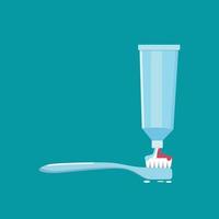 Cepillo de dientes y pasta de dientes estilo icono plano con sombra larga aislado sobre fondo azul. baño elementos vector signo símbolo