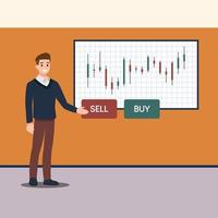 Technical trader is analyzing stock chart.Businessman doing presentation and professional training about marketing. Flat illustration of conference vector