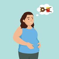 Fat woman thinking. You need to follow a proper diet. Woman upset. Vector graphics