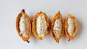 Half cacao pods with cocoa fruit on white wooden table photo