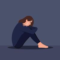 Sad crying lonely young woman sitting on floor. Depressed unhappy girl. Female character vector